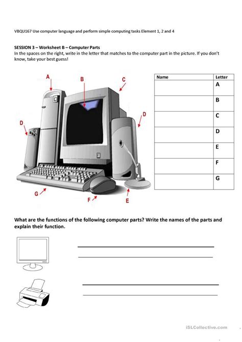 parts of a computer worksheet